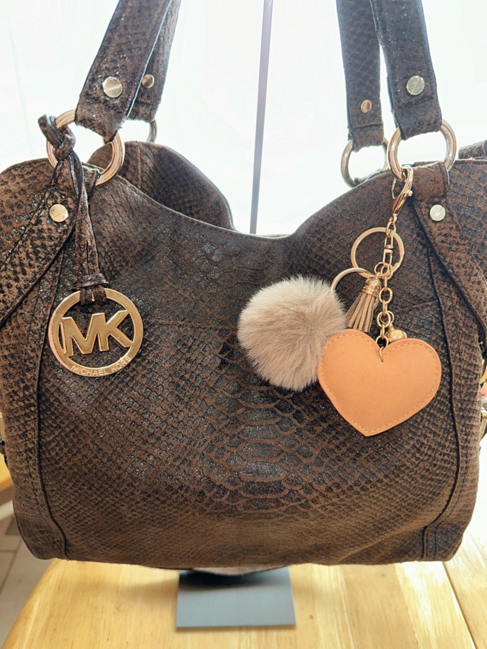 Michael Kors Dark Brown Textured Shoulder Bag with Gold Hardware and Heart Charm
